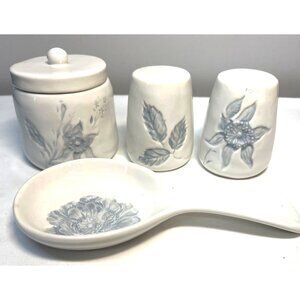 Ceramic Kitchen Utensil Set With Floral Design Includes Spoon Rest Salt & Pepper